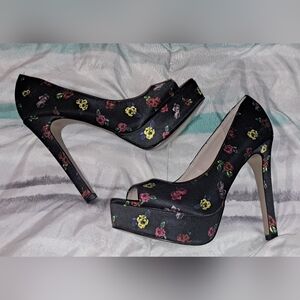 Betsey Johnson Black Floral Peep-Toe Heels